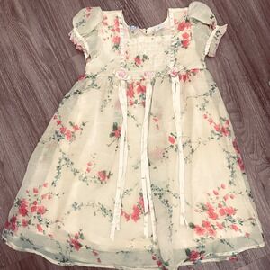 Little Lindsey 4T Vintage Floral Chiffon Dress Yellow Pink Rosettes ribbon